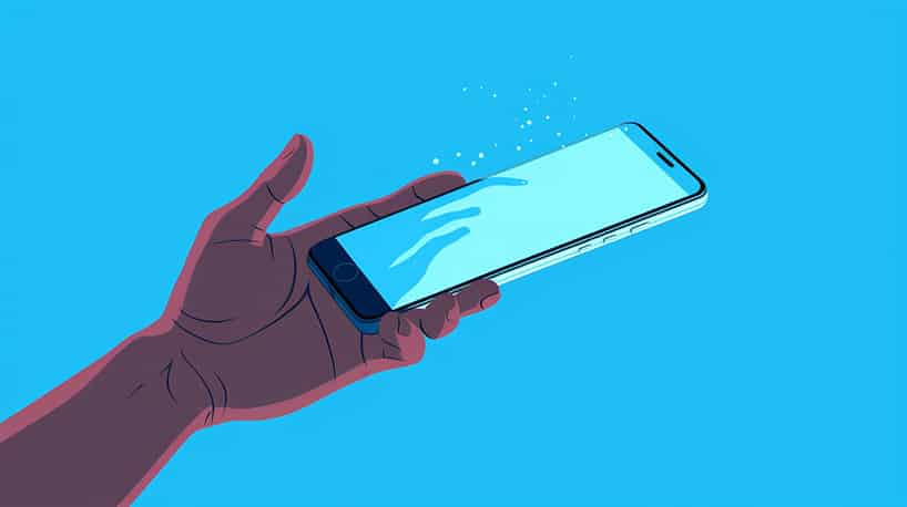 Een hand die naar het smartphonescherm reikt