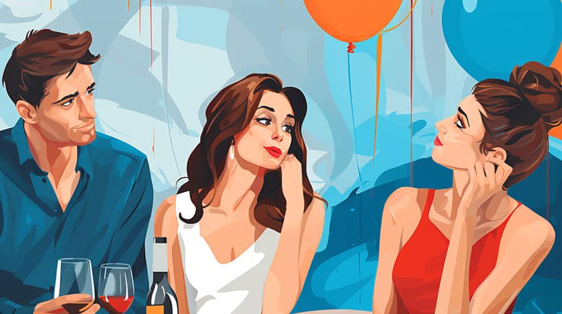 een feestje waarbij vrouw bezorg kijkt als partner naar andere vrouw kijkt