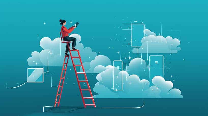 visuele metafoor van een persoon die op een ladder staat en probeert in een smartphone te kijken