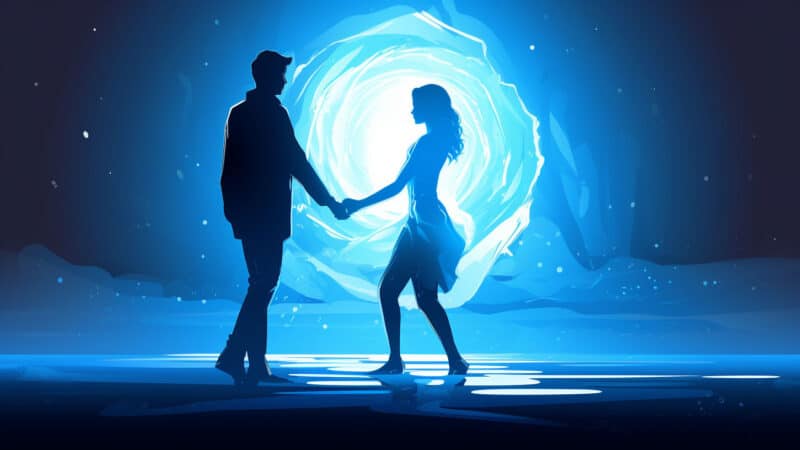 Een paar dat elkaars hand vasthoudt en naar een stralende verlovingsring loopt