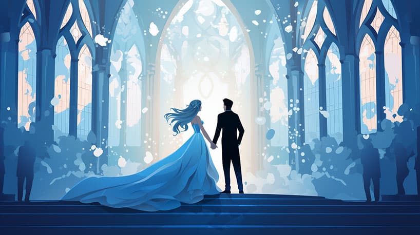 stel houdt elkaars handen vast in een sereen kerkdecor