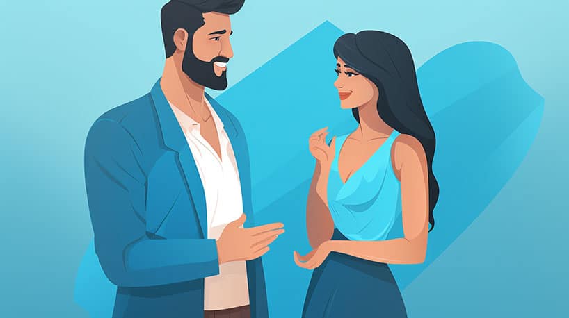 Afbeelding van een zelfverzekerde man die op een datingsite op een respectvolle en vriendelijke manier een vrouw benadert
