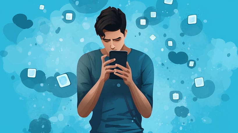 Bezorgde persoon met telefoon omringd door negatieve gedachten en angst voor afwijzing in online dating