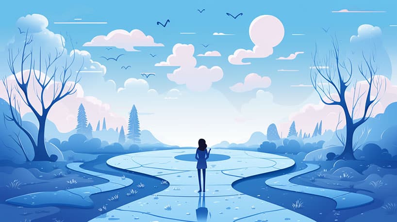 persoon bij kruispunt keuze