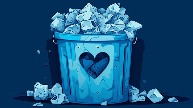Een verfrommelde liefdesbrief weggegooid in een prullenbak