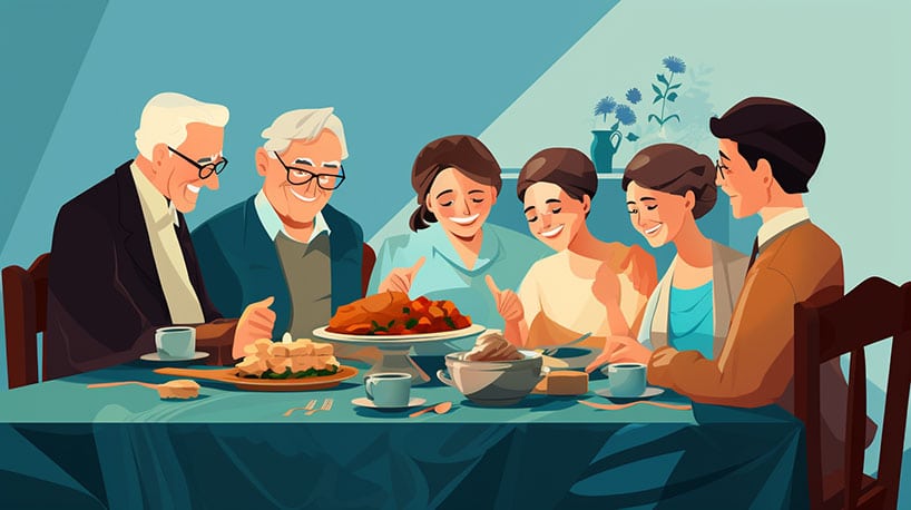 Meer-generatie-familie rond tafel, benadrukt sterke familiebanden in Poolse cultuur.