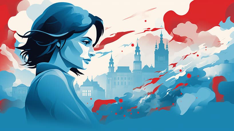 Poolse vrouw in een stad met een Poolse vlag