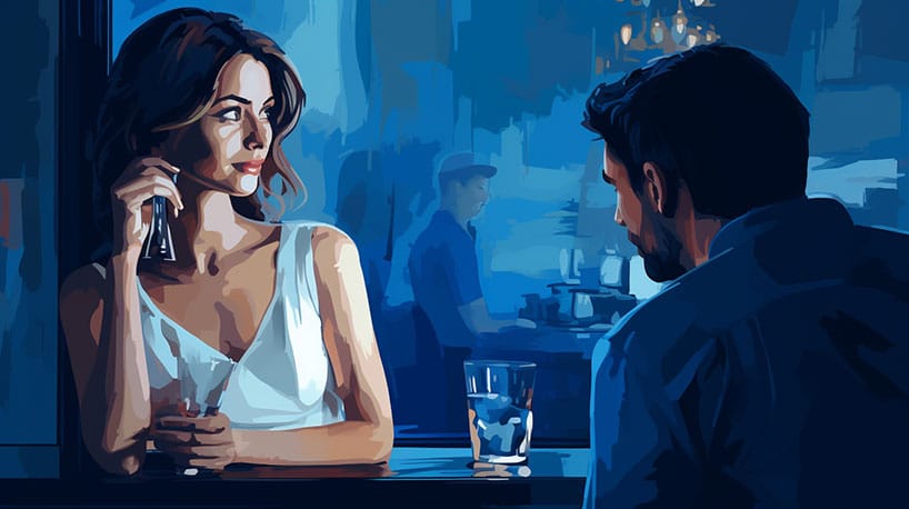 Persoon biedt drankje aan, ongeïnteresseerde vrouw aan bar.