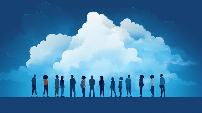 een groep vrienden met donkere wolken die boven hen hangen, wat negativiteit symboliseert