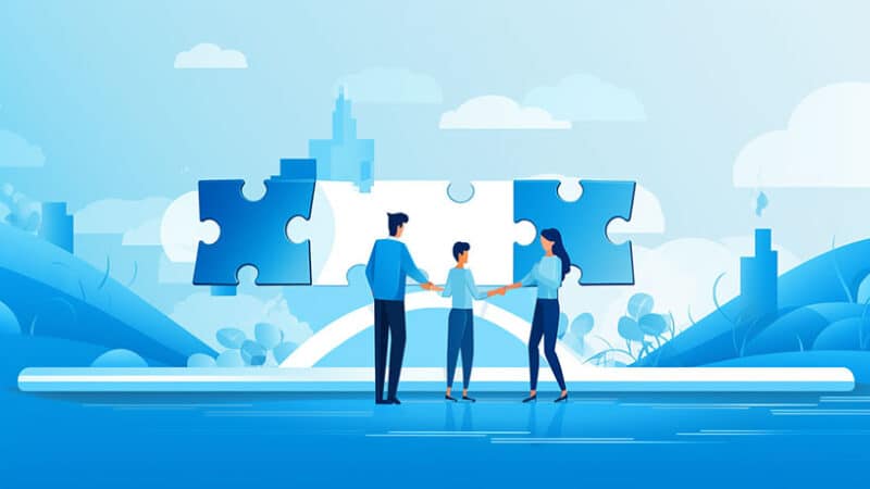 Puzzlestukjes die samenkomen, waarbij de relatiecoach fungeert als de brug die hen verbindt