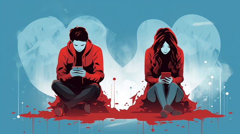 Stel verdiept in telefoons, vervagend hartsymbool tussen hen