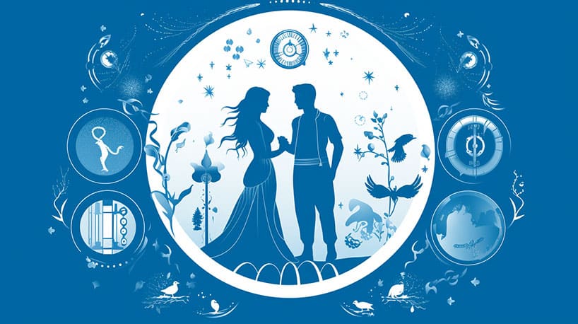 Twee mensen omringd door traditionele relatie symbolen.