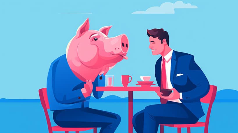 Illustratie: varken in romantische setting, symboliseert 'pigging' bedrog.