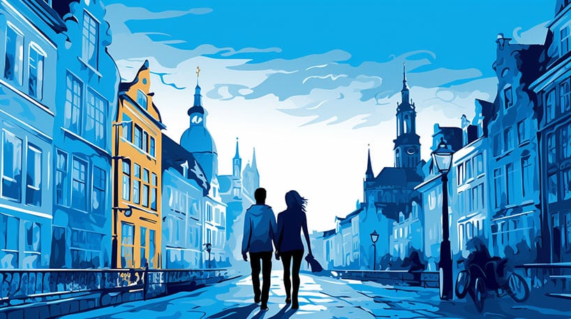 Een paar hand in hand in historische straten Gent.