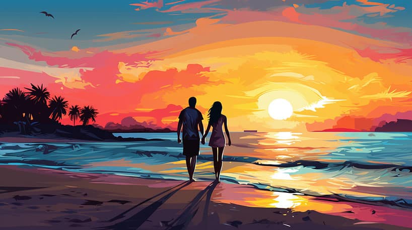 vakantieliefde op het strand met ondergaande zon