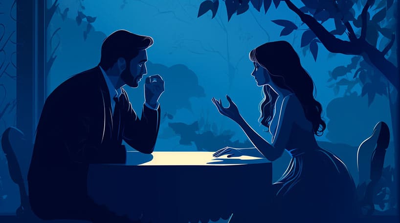 Geheime ontmoeting: fluisterend gesprek in schemerige omgeving.