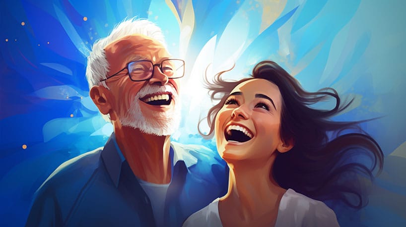 Levensenergie: Een oudere man straalt op in het gezelschap van een jongere vrouw