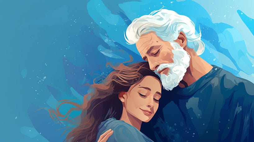 Liefde zonder leeftijd: Oudere man omarmt jongere vrouw.