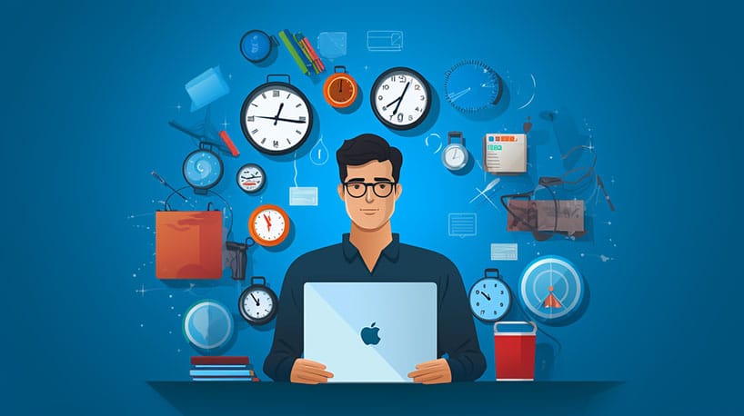 Illustratie van multitasking: werk en relatie balanceren.