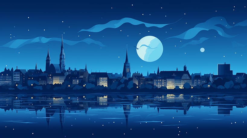 Prachtige skyline van Hasselt bij schemering, stadslichten gloeien en reflecteren op rustig water.