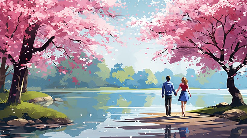 Stel bewondert kersenbloesems in grootste Europese Japanse tuin Hasselt.