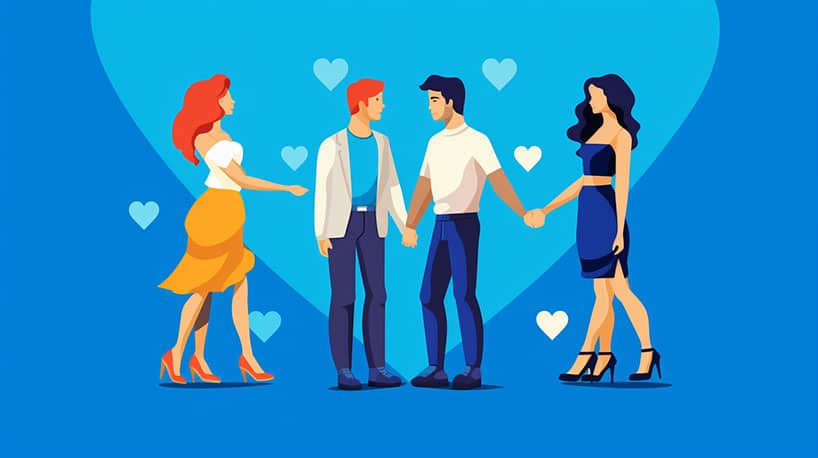 Verschillen tussen polyamorie en monogamie visueel weergeven.