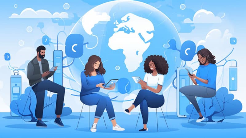 Vrienden die op afstand communiceren via schermen, benadrukt technologie in vriendschappen.