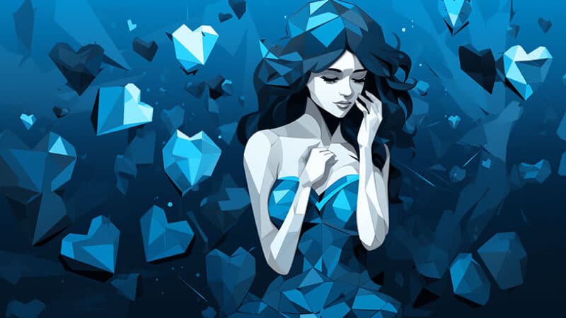 Vrouw met gebroken hart omringd door onrealistische verwachtingen.