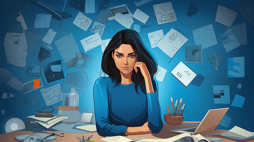 Vrouw met verwarde uitdrukking, omringd door overdreven beschrijvingen.