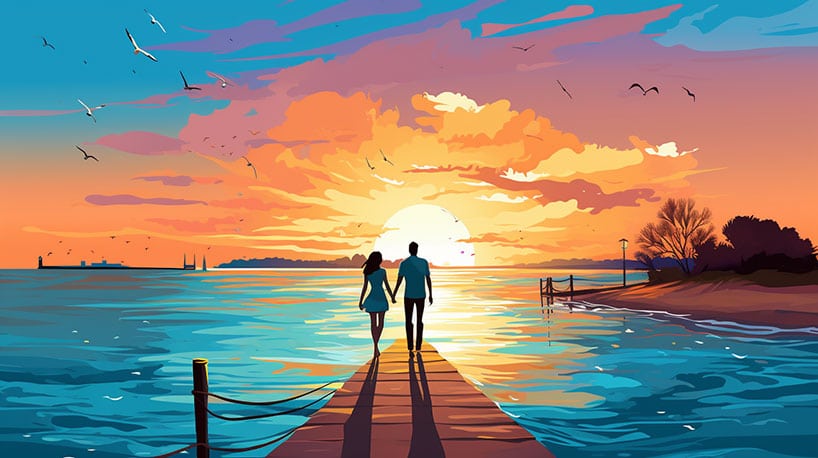 Een paar wandelt hand in hand langs de waterkant van Flevoland bij zonsondergang.