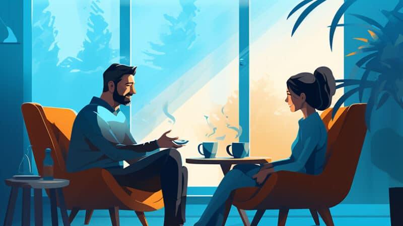 Gezellige woonkamer: twee personen delen verhalen