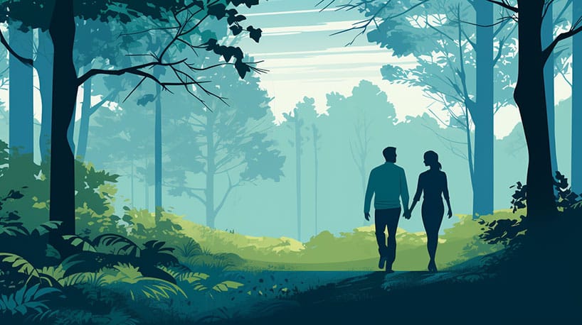 Paar wandelt hand in hand in natuurpark Netl Flevoland