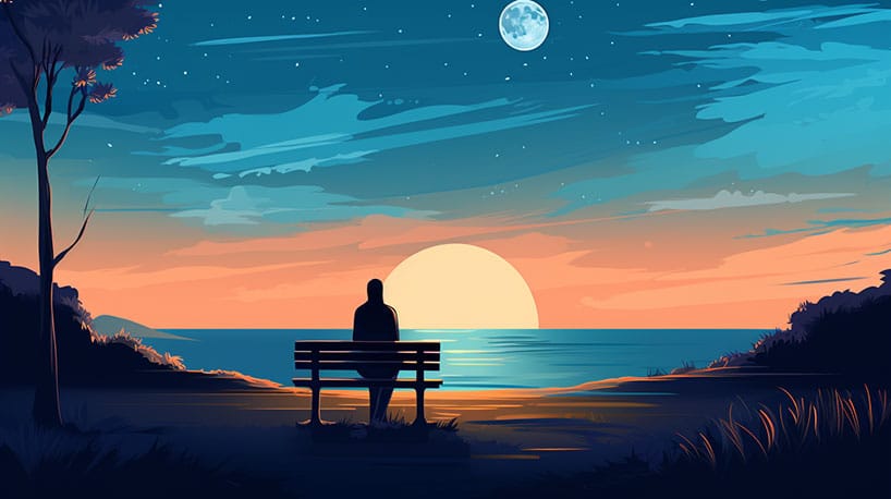 Persoon alleen op bankje, nadenkend, bij zonsondergang.