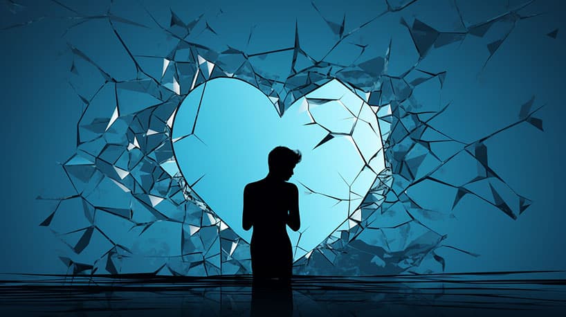 Persoon kijkt naar spiegel met gebroken hart.