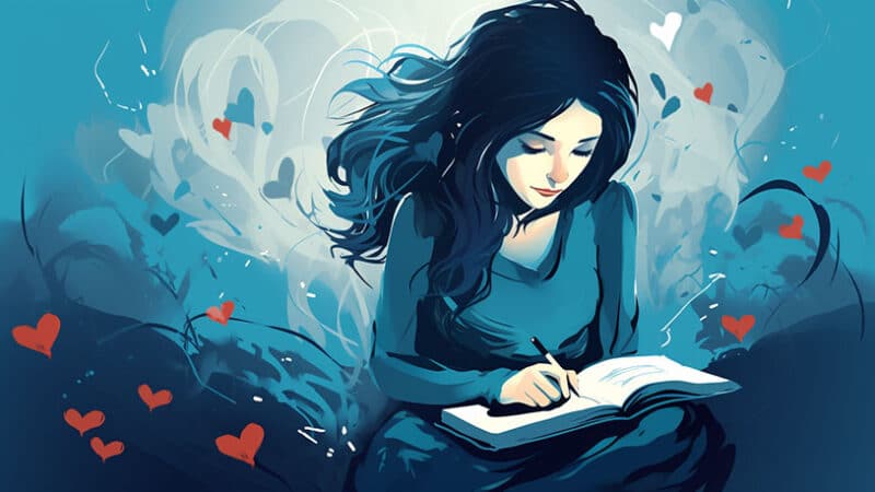 Persoon schrijft in dagboek over onbeantwoorde liefde.