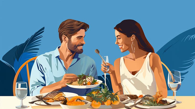 Stel proeft exotisch eten in divers restaurant