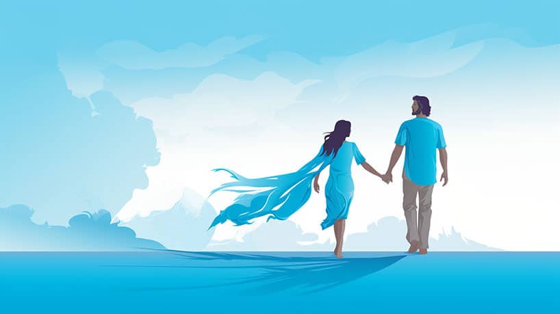 Vrouw houdt handen vast van jongere man, twijfelt.