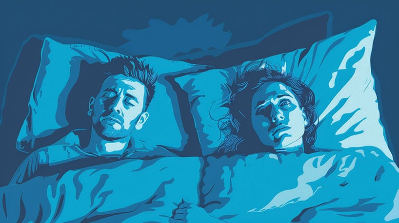 Illustratie van koppel in bed, frustratie en teleurstelling.