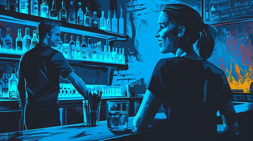 Persoon benadert iemand in bar met glimlach