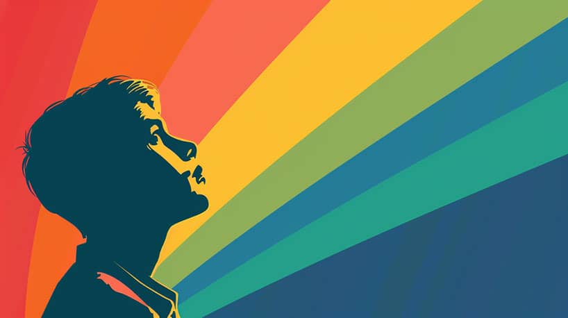 Persoon die nadenkt bij een regenboogvlag