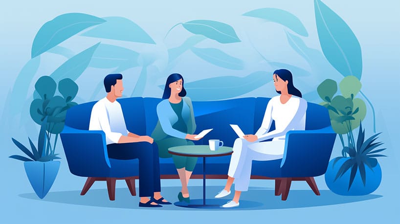 Relatietherapie:Therapeut in gesprek met stel.