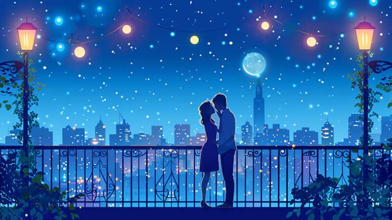 Romantisch balkon met stadsgezicht: liefdevol paar kijkt elkaar aan.