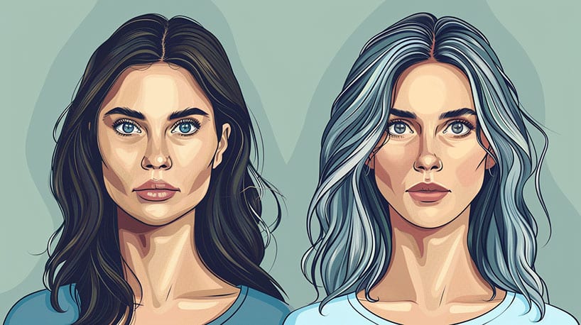 Vergelijkende illustratie: vrouw lijkt jonger, subtiele tekenen veroudering.