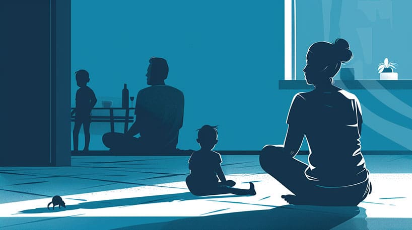 Vrouw speelt met kinderen terwijl man kijkt, verwaarloosd gevoel.