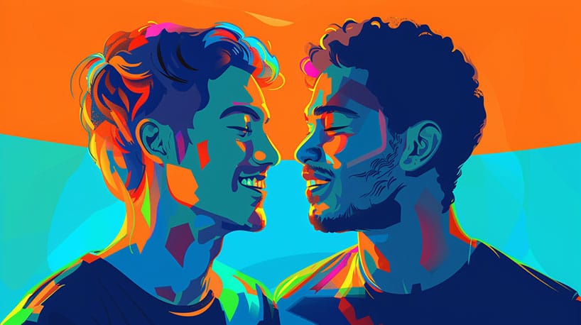 gelukkig gay stel, ontmoet via dating app.