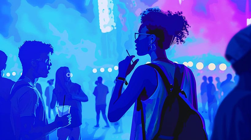 persoon die op een muziekfestival met iemand in gesprek is