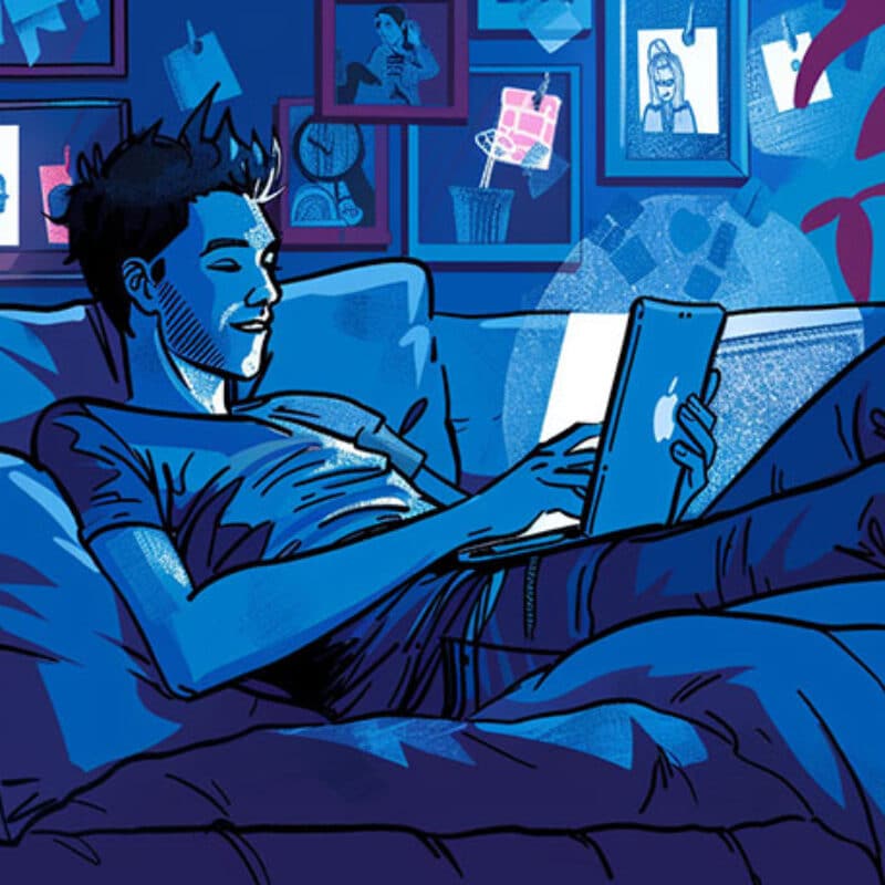 persoon ontspannen en onbevangen op bank met online dating-apps.