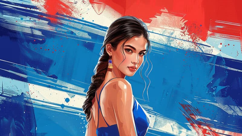 prachtige Thaise vrouw die voor een Thaise vlag staat