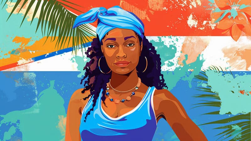 vrouw uit Aruba en de Antillen staat voor de vlaggen van de Nederlandse Antillen.