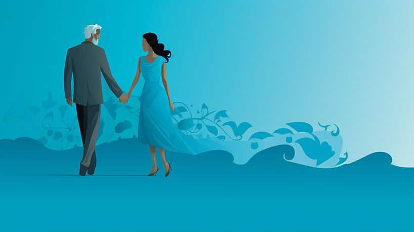 Oudere vrouw jongere man toyboy hand in hand